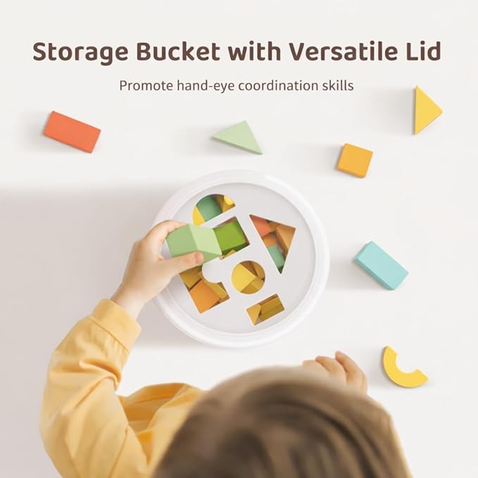 Pidoko Kids 100pcs Building Blocks for Toddlers 1-3, Wooden Blocks for Kids with Storage Bucket and Shape Sorter Lid Montessori Toys for 1 2 3 Year Old, Learning Toys for Preschool Girls and Boys