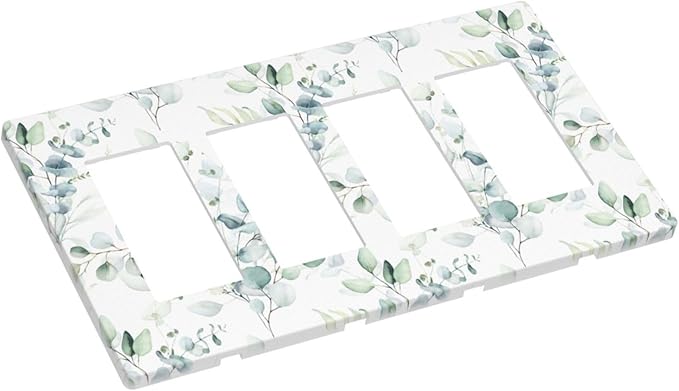 Green Eucalyptus Leaf 4 Gang Quad Rocker/GFCI/Decorator Light Switch Cover Plate Decorative Electric Faceplate Decorative Switchplate Screwless