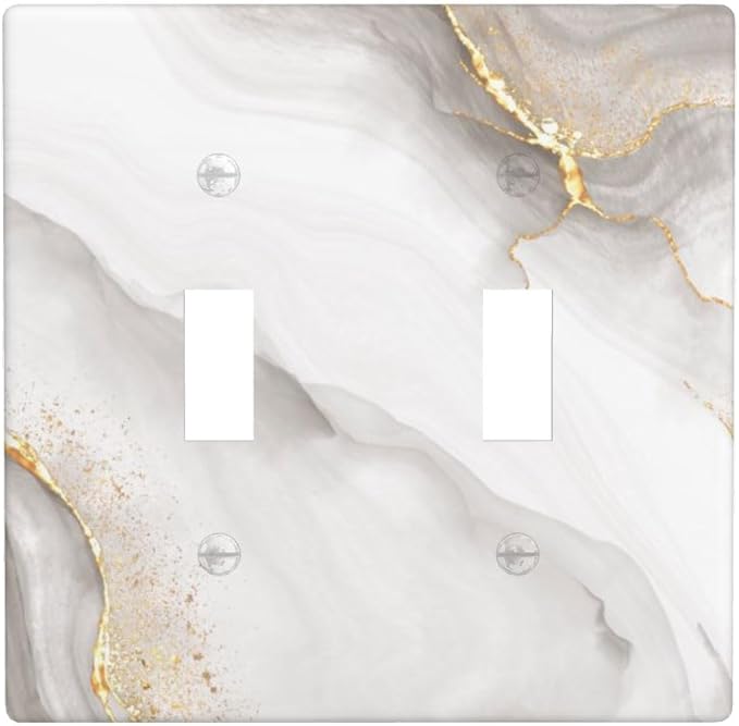 White Gold Gray Marble 2-Gang Double Toggle Switch Plate, Modern Decorative Wall Plate for Home, Living Room, Bedroom & Bathroom