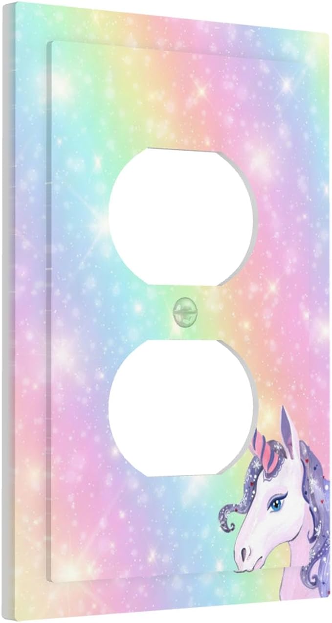 Rainbow Unicorn Duplex Wall Plate - 1-Gang Standard US Size Pastel Galaxy Sparkle Outlet Covers, Magical Fantasy for Kids Bedroom