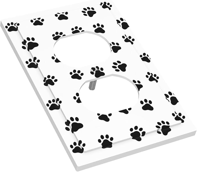 Black and White Dog Paw Print Duplex Wall Plate - 1-Gang Standard US Size Puppy Paws Pattern Outlet Covers for Pet Lover's Home Decor