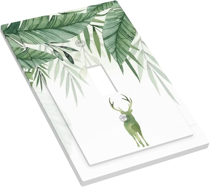 Deer Banana Leaves Palm Trees Green Plants Decorative Light Switch Cover 1 Gang Single Toggle Device Electrical Faceplate Switchplates Decorator Outlet Wall Plate for Bed Room Living Room Decor