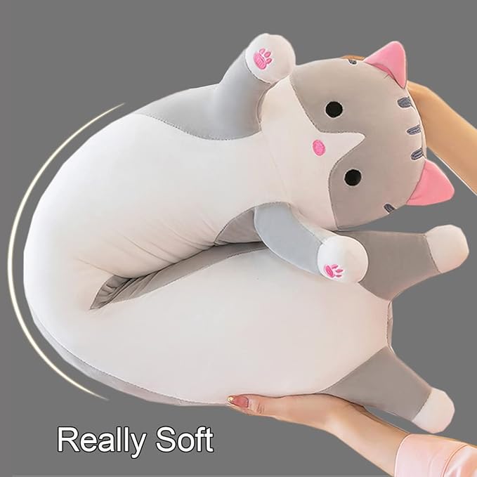 Giant Cat Pillow Plush Cartoon Kitty Sleeping Hugging Pillow,Cuddly Soft Long Kitten Body Pillow Doll Cat Cushion Toy for Kids Girlfriend (Gray, 70cm/27.55inch)