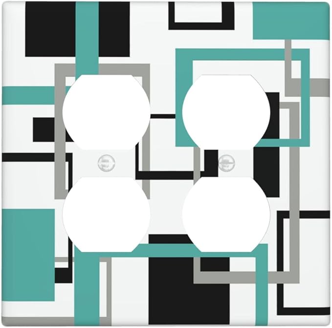 Geometric Turquoise Black Gray Modern Abstract Boho Outlet Covers 2 Gang Double Duplex Decorative Light Switch Covers Electrical Wallplates Socket Faceplate for Office Nursery Decor