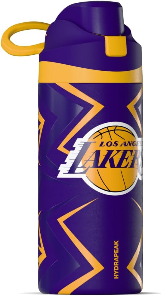 Hydrapeak x NBA Officially Licensed Los Angeles Lakers Oasis 20 oz Insulated Kids Water Bottle, Stainless Steel Water Bottle Kids with Chug Lid, Push Button