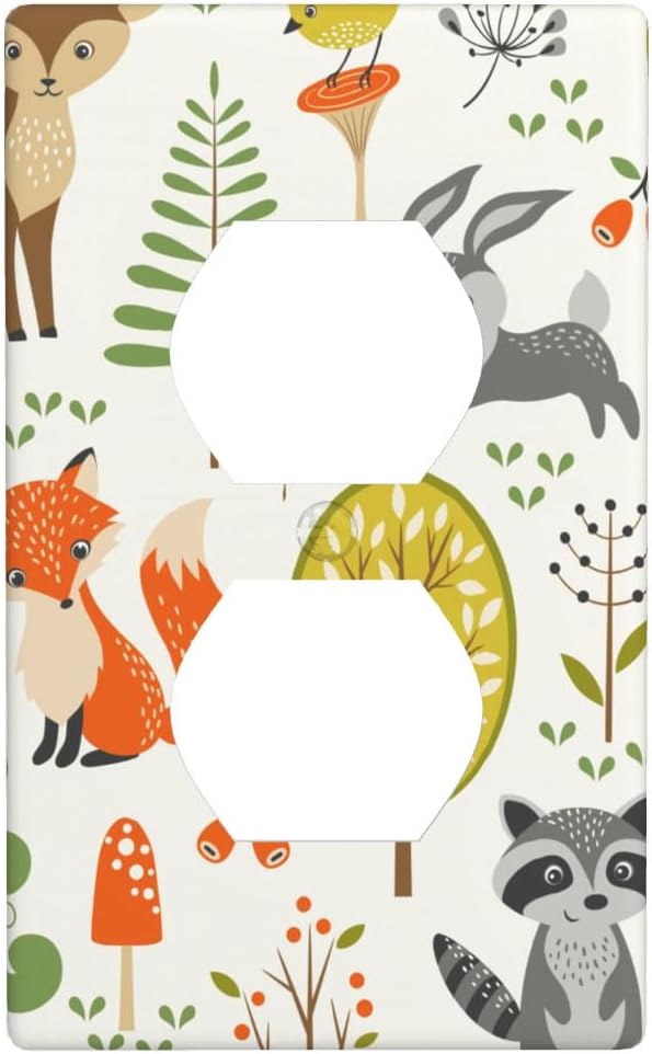 Woodland Forest Animals 1-Gang Duplex Wall Plate, Mushroom Berries Tree Outlet Cover for Kids Room, Nursery, Playroom & Cabin