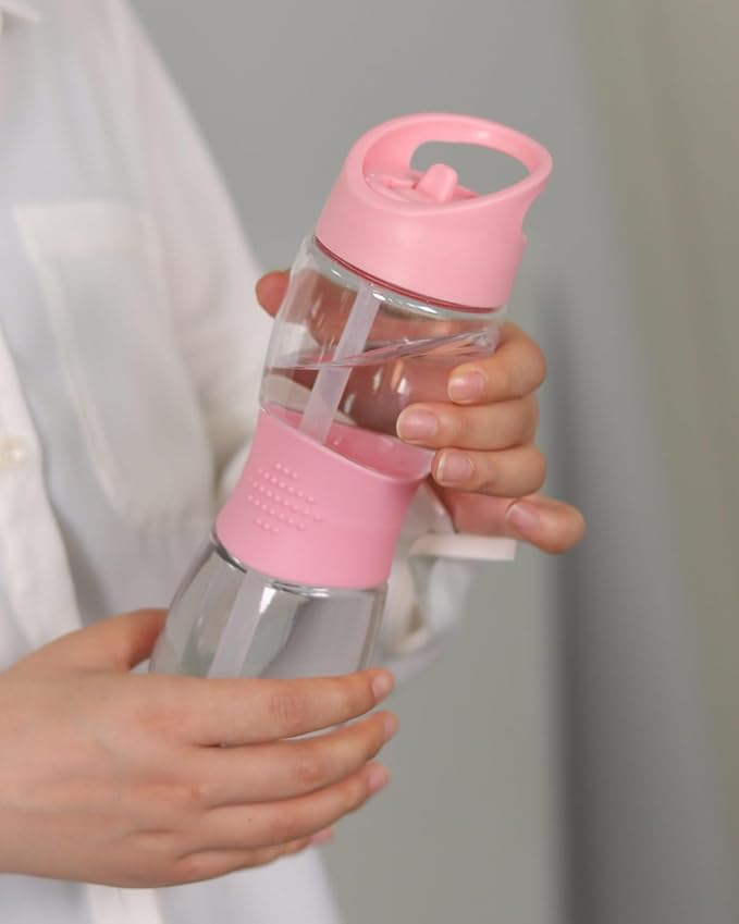 Sivaphe Clear Water Bottle with Straw 18 oz Portable Tritan Transparent Sports Drinking Bottle for School Girls Pink