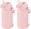 12 oz Water Bottle, 2 pack Kids Water Bottles for School, Toddler Water Bottle with Straw & Handle, 304 Stainless Steel Insulated Water Bottle, Non-slip Silicone Base, BPA Free, Pink Two Piece
