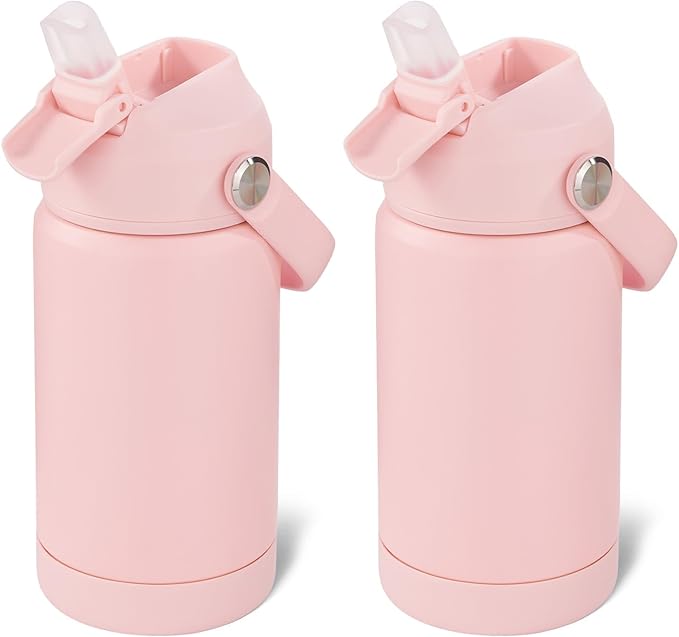 12 oz Water Bottle, 2 pack Kids Water Bottles for School, Toddler Water Bottle with Straw & Handle, 304 Stainless Steel Insulated Water Bottle, Non-slip Silicone Base, BPA Free, Pink Two Piece