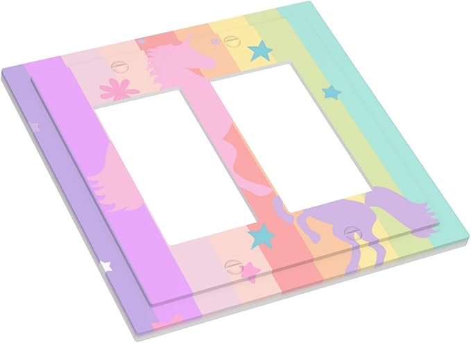 Cute Purple Pink Rainbow Unicorn Double Rocker Light Switch Cover Plate 2 Gang Outlet Covers Switchplates Wallplate Decorative Electrical Faceplate for Nursery Girls Boys Room Kids Room Decor