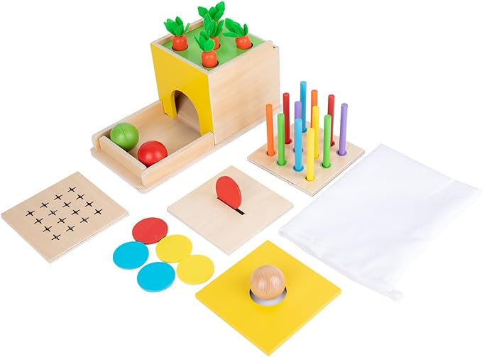 Montessori Toddler Play Kit Montessori Box Toys for 1 Year Old 2 Years Baby Learning Toys Gift Carrot Harvest Game, Matchstick Color Drop Game and Coin Box (5-for-1)