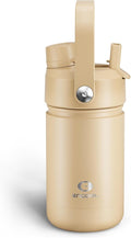 Kids Insulated Water Bottle with Straw - 12oz Stainless Steel Water Bottle with Dual Spouts, Leak-Proof, BPA-Free, Double Wall Vacuum Keeps Cold for 24 Hours for Sports, Travel, School (Indian Khaki)