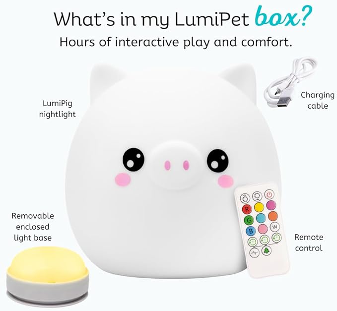 Lumipets Remote Control Silicone Night Light for Kids - Pig Design with 9 Soft Colors & Sleep Timer - Rechargeable, Battery-Operated Lamp for Bedroom | Baby Nursery, Toddler, Girls, Boys