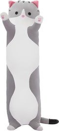 Cute Cat Plush Long Body Pillow – Soft Cartoon Stuffed Animal Doll, Kawaii Cat Plushie Cuddle Toy for Kids, Girls & Girlfriend (Gray, 35.4 Inch)