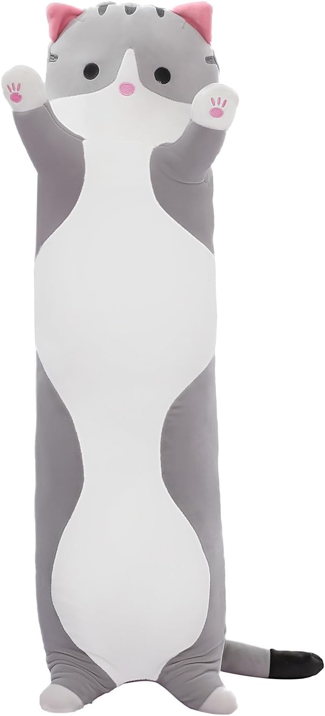 Cute Cat Plush Long Body Pillow – Soft Cartoon Stuffed Animal Doll, Kawaii Cat Plushie Cuddle Toy for Kids, Girls & Girlfriend (Gray, 59 Inch)