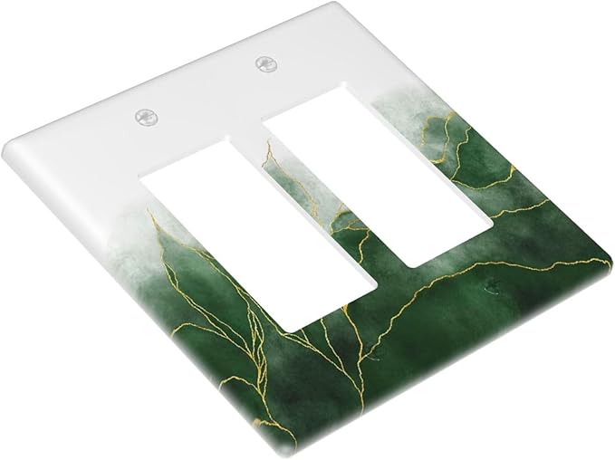 Decorative Outlet Covers Green Gold Leaf Marble Modern Abstract 2 Gang Double Rocker Light Switch Cover Decorative Switch plates Electrical Wallplates GFCI Receptacle for Kitchen Bathroom