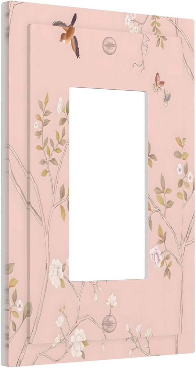 Pink Background Flowers Bird Butterflies Floral Decorative Outlet Covers 1 Gang Single Rocker Light Switch Cover Plate Wall Plates GFCI Faceplate for Bedroom Living Room Decor
