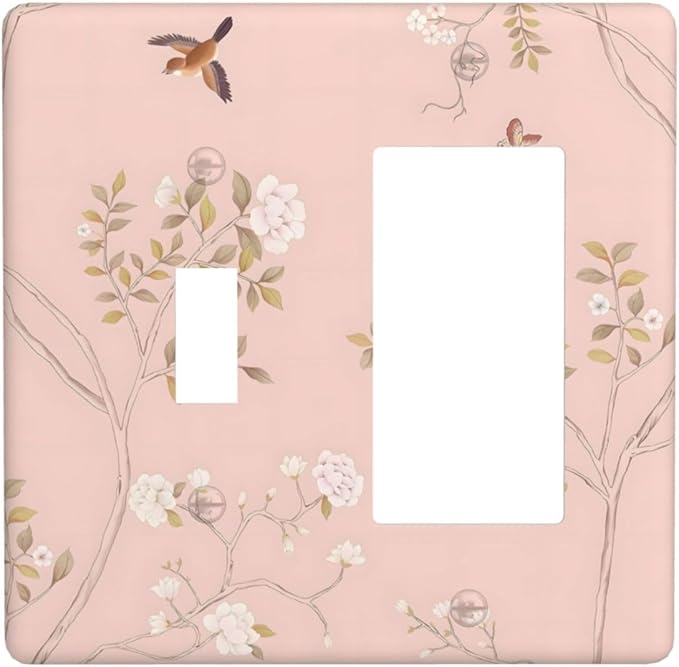 Pink Background Flowers Bird Butterflies Floral Outlet Covers 1 Toggle 1 Rocker Combination Decorative Wall Plate Electrical Switch Plates Light Switch Cover Plate for Bedroom Living Room Decor