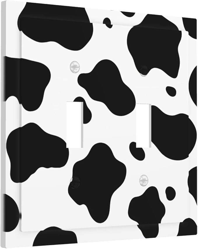Cow Print Double Toggle Switch Cover - 2-Gang Standard US Size Farmhouse Cowhide Light Switch Covers, Black & White Rustic Animal Print for Country Homes