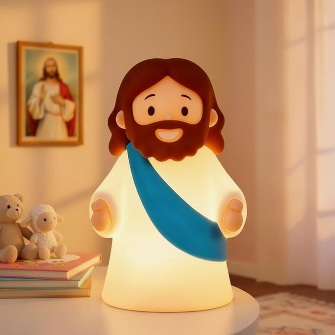 magical JD Little Jesus Night Light, Mini Silicone Jesus Lamp, Dimmable Rechargeable Touch Bedside Lamp for Nursery & Kids, Ideal Religious Gift for Christmas, Easter and Baptism (Blue)
