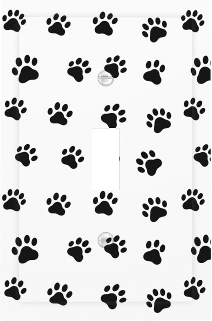 Black and White Dog Paw Print 1-Gang Toggle Light Switch Plate, Puppy Paws Decorative Wall Plate for Pet Lover's Home Decor