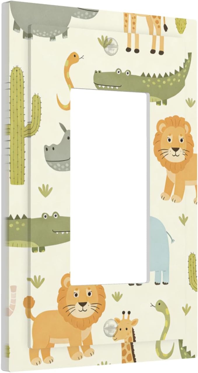 African Safari Animals Single Rocker Switch Cover - 1-Gang Standard US Size Cute Hippo Crocodile Lion Elephant And Giraffe Funny Wildlife Light Switch Covers for Boys & Girls Room Decor