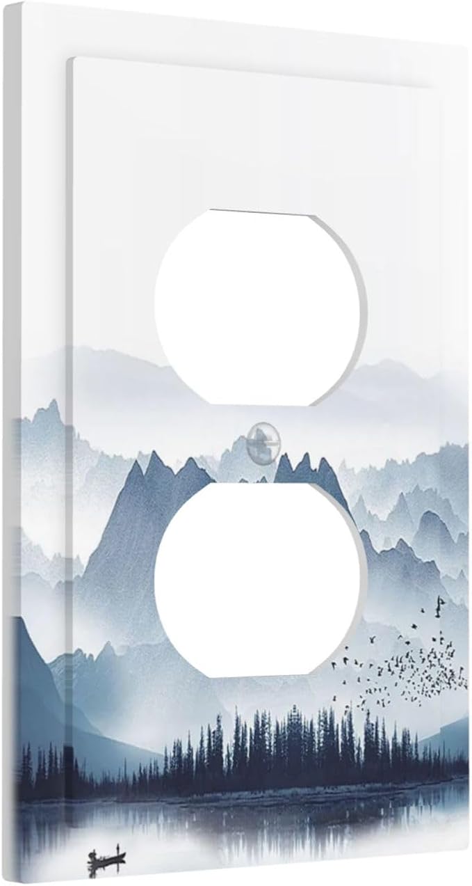 Outlet Covers Mountain Foggy Lake Boat Grey Blue Forest Birds 1 Gang Duplex Light Switch Cover Electrical Receptacle Faceplate Wall Plate Decorative Switch Plates for Bedroom living Room