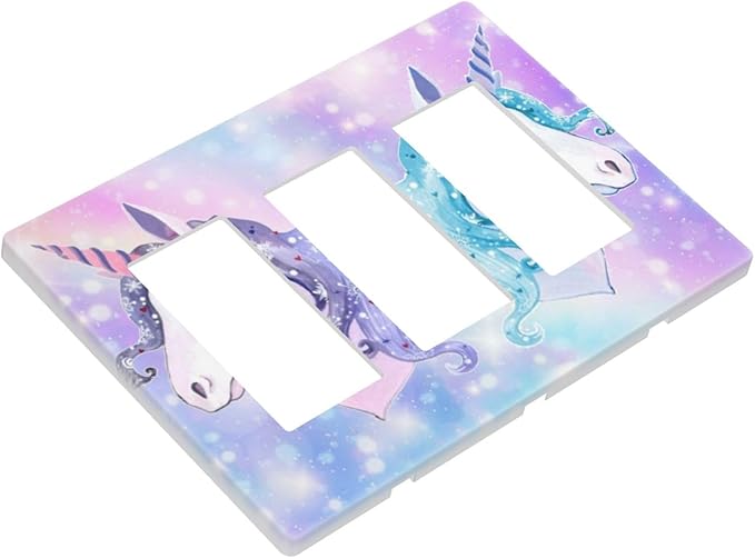 Cute Colorful Purple/Blue/Pink Rainbow Unicorn 3-Gang Rocker/Decorator Wall Plate Kid Girls Girly Dreamy Decorative Screwless Triple Device Light Receptacle GFCI Outlet Switch Faceplate Cover Dimmer