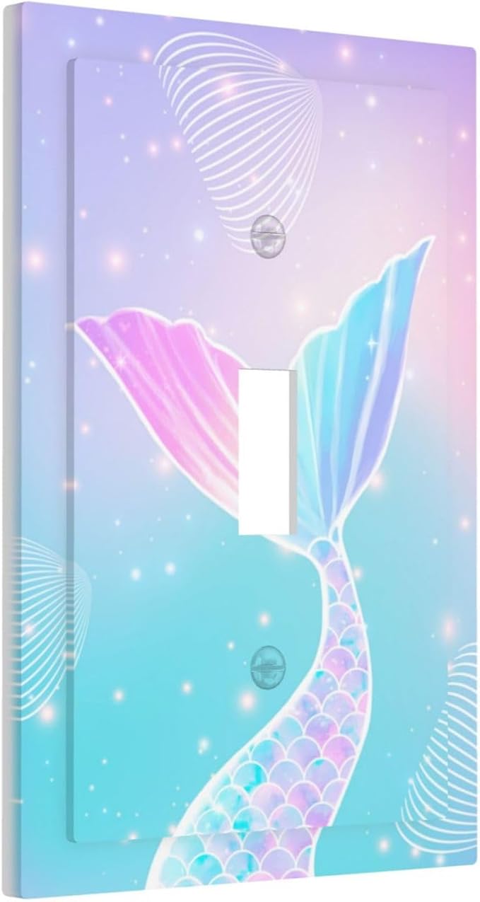 Mermaid 1 Gang Light Switch Cover Single Toggle Wall Plate Rainbow Tail Scales Jelly Fish Decorative Electrical Switchplate Covers for Nursery Girls Boys Room Kids Room Decor