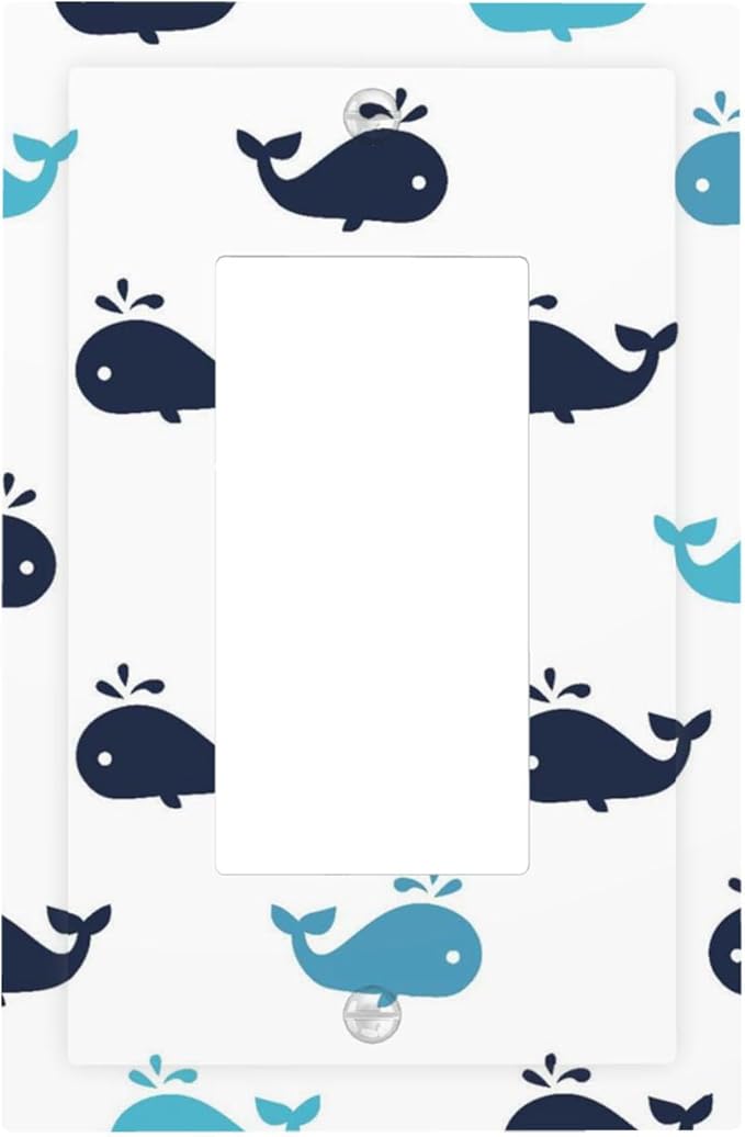Cute Blue Whales Single Rocker Switch Cover - 1-Gang Standard US Size Nautical Whale Pod Light Switch Covers, Minimalist Coastal for Nursery Decor