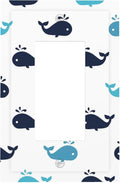 Cute Blue Whales Single Rocker Switch Cover - 1-Gang Standard US Size Nautical Whale Pod Light Switch Covers, Minimalist Coastal for Nursery Decor