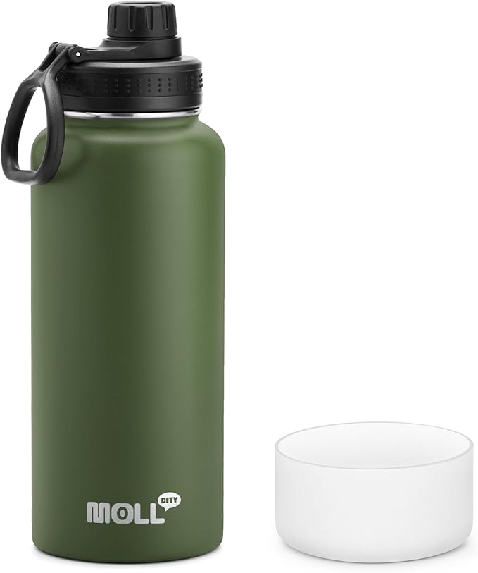 Insulated Water Bottle - 32 oz Stainless Steel Vacuum Wide Mouth Sports Flask With Silicone Boot - Reusable Metal Travel Bottle With Spout Lid (Grass Green)