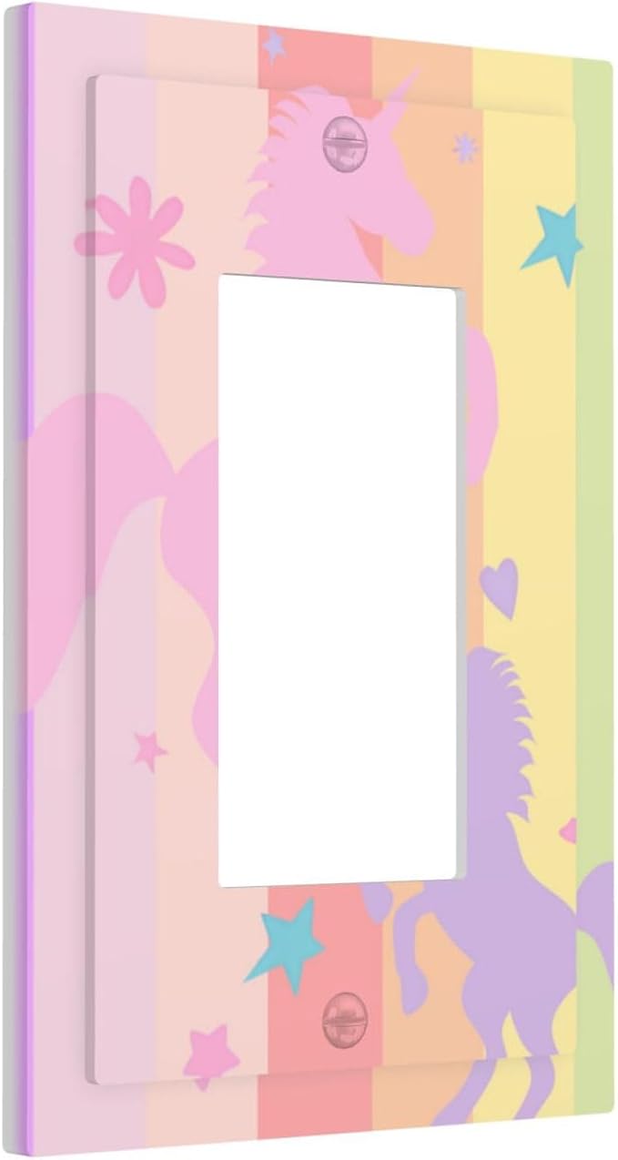 Cute Purple Pink Rainbow Unicorn Single Light Switch Cover Plate 1 Gang Rocker Outlet Covers Decorative Electrical GFCI Wallplate Faceplates for Nursery Girls Boys Room Kids Room Décor