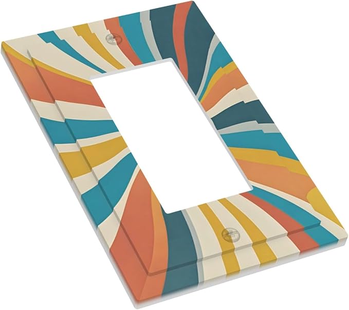 Decorative Light Switch Cover Plate with Retro Mid-Century Modern Sunburst Motif Design 1 Gang Rocker Outlet Covers Single Decora Gfci Device Wall Plate for Abstract Teal/Yellow/Orange Wall