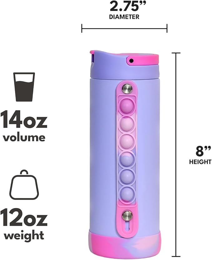 Elemental Iconic Kids Water Bottle for School - 100% Leak-Proof Insulated Water Bottles with Straw Lid & Pop-It Handle for Boys & Girls - Triple-Wall Insulated & BPA-Free, 14oz – Lilac Tie Dye