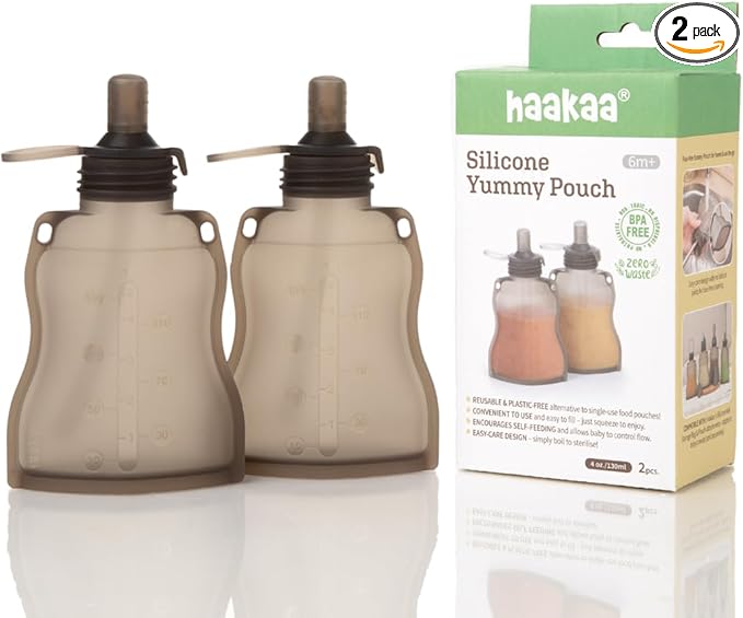 haakaa Silicone Yummy Pouch 4.5 oz – Reusable Silicone Snack & Smoothie Pouch, Refillable, Leak-Resistant, Dishwasher Safe, Eco-Friendly Food Storage for Babies Kids & Toddlers (2-PK, Grey)