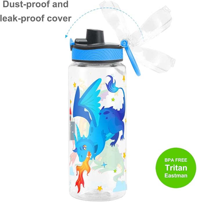 Home Tune Cute Water Bottle for School Kids Girls, BPA FREE Tritan & Leak Proof & Easy Clean & Carry Handle, 23oz/ 680ml (Fire Dragon)