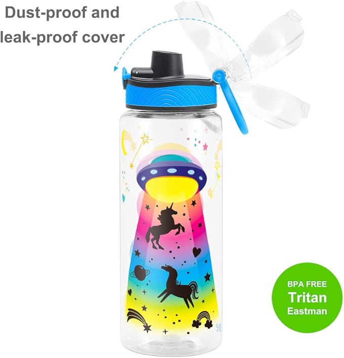 Home Tune Cute Water Bottle for School Kids Girls, BPA FREE Tritan & Leak Proof & Easy Clean & Carry Handle, 23oz/ 680ml (UFO)