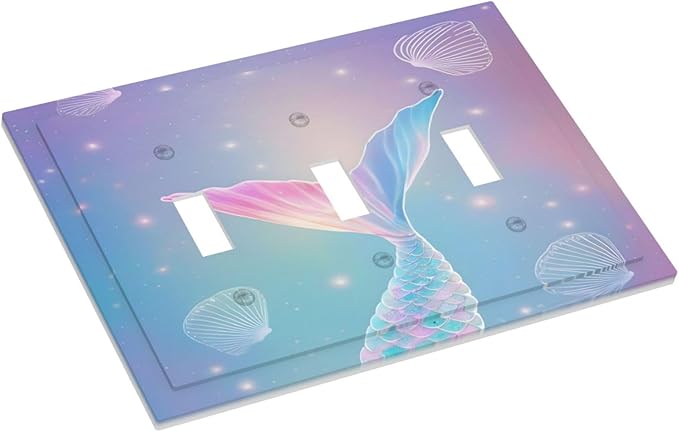 Cute Mermaid Pink Tail Scales Shells Colorful Ocean Decorative Switch Plates 3 Gang Wall Plate Triple Toggle Light Switch Cover Faceplate Electrical Wall Panels for Kids Room Nursery Decor