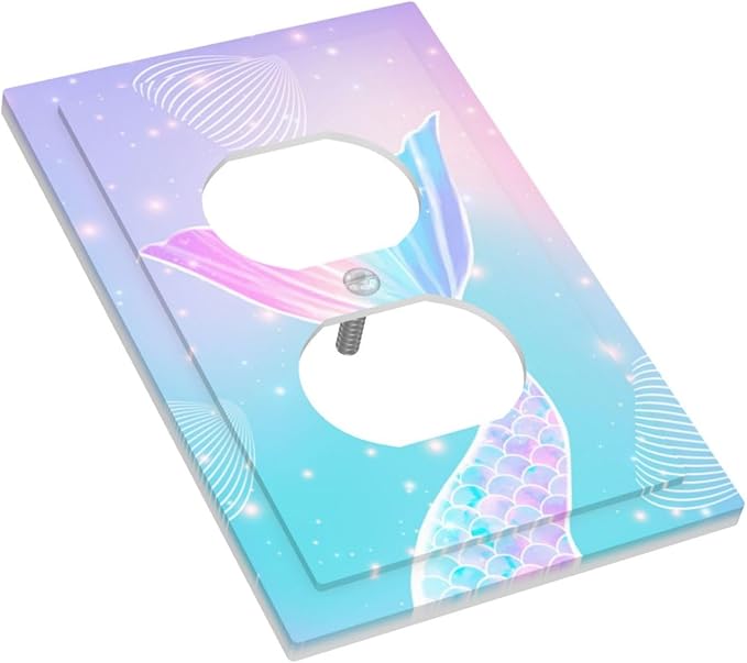 Mermaid 1 Gang Electrical Duplex Outlet Covers Light Switch Cover Receptacle Rainbow Tail Scales Jelly Fish Wall Plate Decorative Faceplate for Nursery Girls Boys Room Kids Room Decor