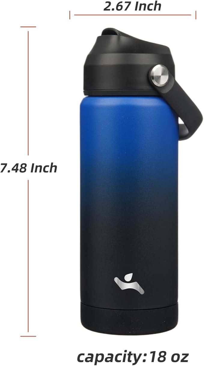 Konokyo Insulated Water Bottle with Straw Lid,18 oz Stainless Steel Vacuum Metal Bottle with Silicone Handle,Black Blue