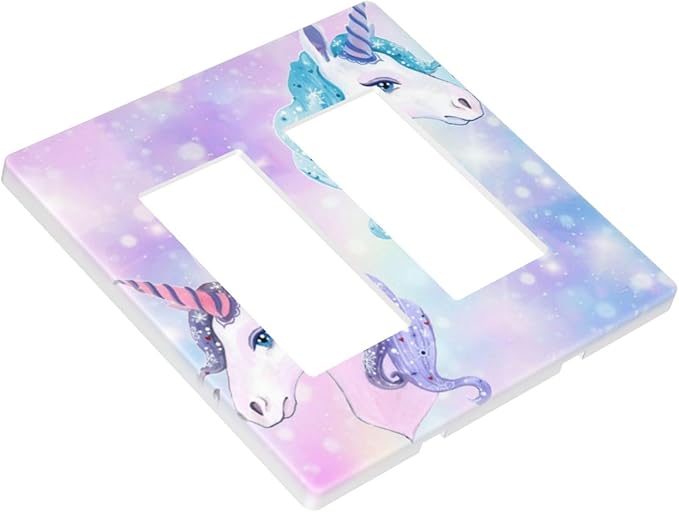 Cute Funny Cartoon Colorful Rainbow Purple/Blue Unicorn 2 Gang Double Decorator GFCI/Rocker Wall Plate Kawaii Princess Stars Electrical Outlet Decorative Receptacle Cover Light Switch for Dimmer, USB