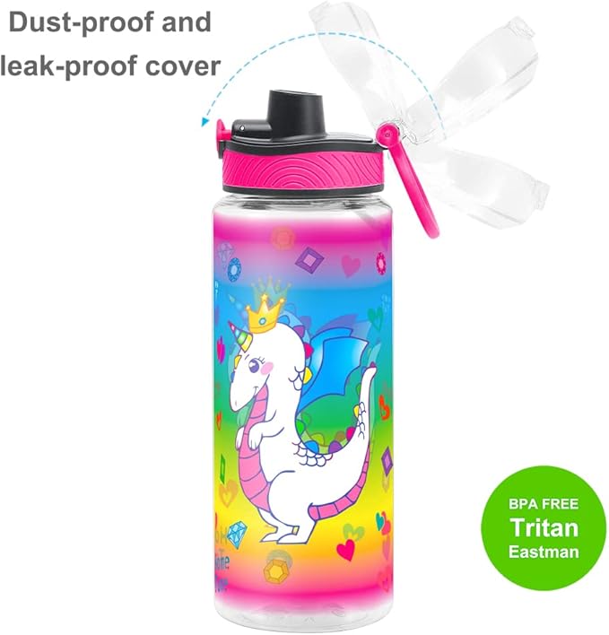 Home Tune Cute Water Bottle for School Kids Girls, BPA FREE Tritan & Leak Proof & Easy Clean & Carry Handle, 23oz/ 680ml (Dragon)
