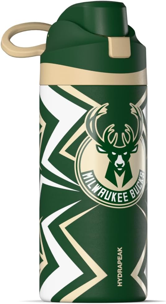 Hydrapeak x NBA Officially Licensed Milwaukee Bucks Oasis 20 oz Insulated Kids Water Bottle, Stainless Steel Water Bottle Kids with Chug Lid, Push Button