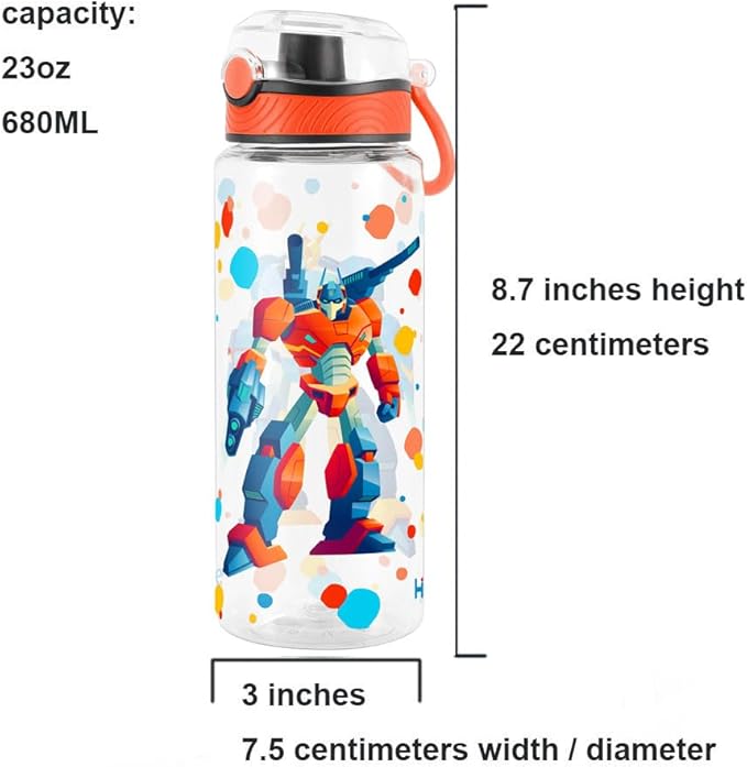 Home Tune Cute Water Bottle for School Kids Girls, BPA FREE Tritan & Leak Proof & Easy Clean & Carry Handle, 23oz/ 680ml (Robot)