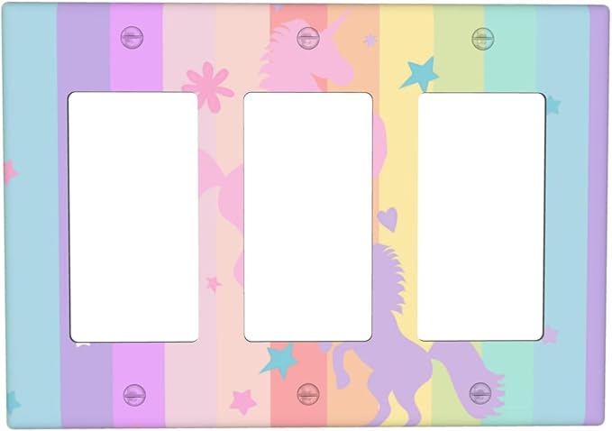 Cute Purple Pink Rainbow Unicorn 3 Gang Rocker Outlet Covers Triple Rocker Light Switch Cover Switchplates Wall Plate Decorative Electrical Faceplate for Nursery Girls Boys Room Kids Room Decor