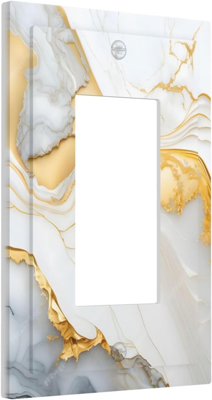 Exquisite White Gold Marble Abstract Luxurious Print Decorative Outlet Covers 1 Gang Single Rocker Light Switch Cover Plate Wall Plates GFCI Faceplate for Bathroom Kitchen Decor