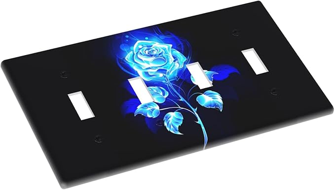 Blue Golden Rose Flower 4 Gang Device Light Switch Cover Decorative Quad Toggle Wall Plate Decorative Electrical Faceplate for Home Bedroom Art Decorate