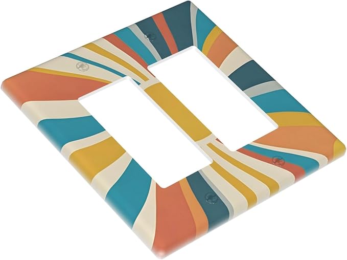 Decorative Outlet Covers with Retro Mid-Century Modern Sunburst Motif Design 2 Gang Wall Plate Double Rocker Light Switch Cover Switch Plate Cover for Abstract Teal/Yellow/Orange Wall Decor
