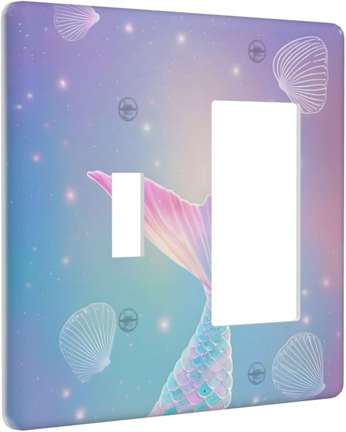 Cute Mermaid Pink Tail Scales Shells Colorful Ocean Outlet Covers 1 Toggle 1 Rocker Combination Decorative Wall Plate Electrical Switch Plates Light Switch Cover Plate for Kids Room Nursery Decor